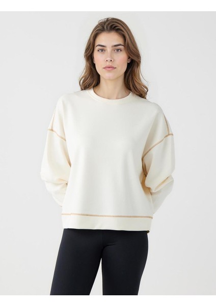 Ekru Bisiklet Yaka Uzun Kollu Modal Sweatshirt