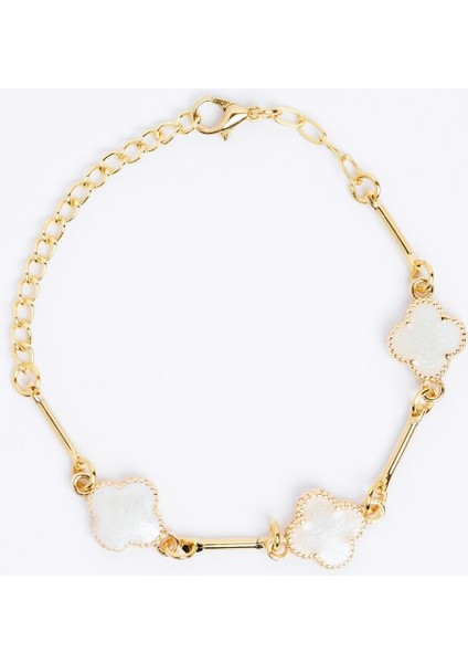 Beyaz Parlak Yonca Figürlü Mine Detaylı Bileklik