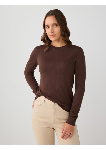 Acı Kahve Bisiklet Yaka Uzun Kollu Yün Karışımlı Triko Kazak