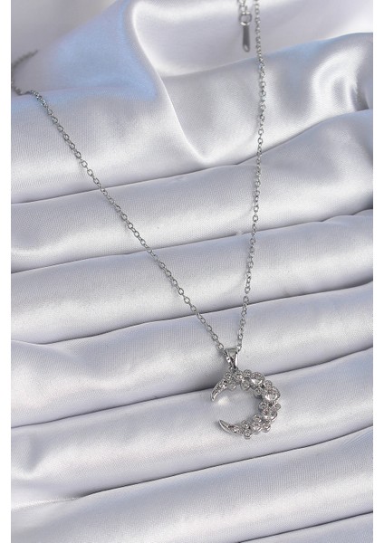 316L Çelik Zincir Gümüş Renk Zirkon Taşlı Hilal Model Kadın Kolye - Lisinya fiyatları