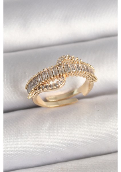 Pirinç Gold Renk Su Yolu Zirkon Taşlı Ayarlanabilir Model Kadın Yüzük - Lisinya