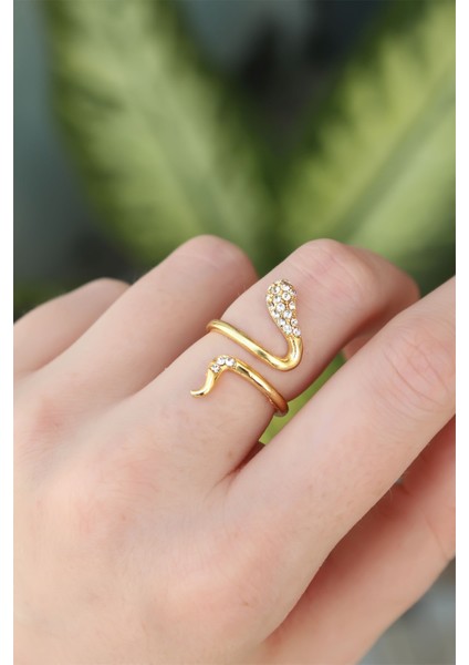 Pirinç Gold Renk Ayarlanabilir Zirkon Taşlı Yılan Yüzük - Lisinya
