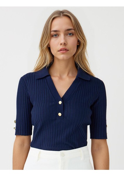 Lacivert Dar Kesim Kısa Kollu Gömlek Yaka Triko Kazak