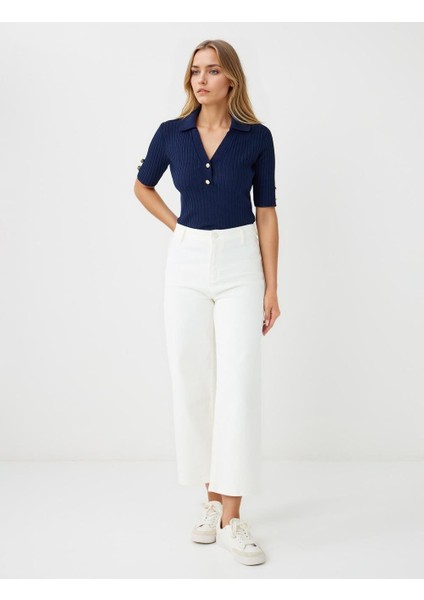 Lacivert Dar Kesim Kısa Kollu Gömlek Yaka Triko Kazak fiyatları