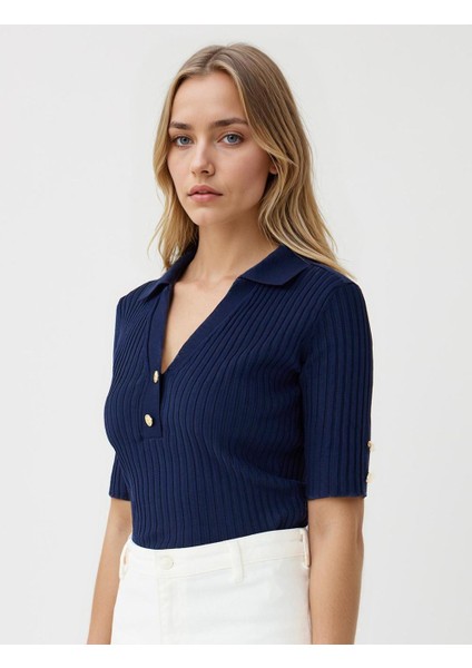 Lacivert Dar Kesim Kısa Kollu Gömlek Yaka Triko Kazak modelleri