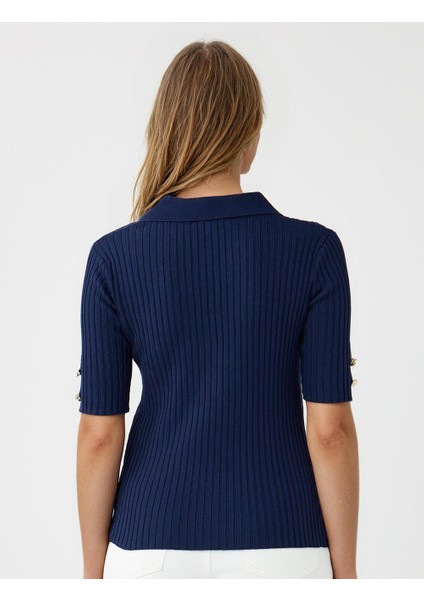 Lacivert Dar Kesim Kısa Kollu Gömlek Yaka Triko Kazak indirimleri
