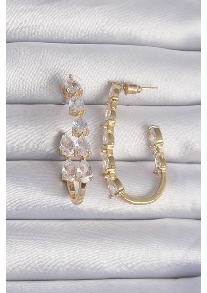 Pirinç Gold Renk Damla Zirkon Taş Tasarımlı Küpe - Lisinya