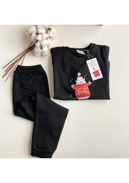 Yeni Yıl Let It Snow Siyah Pijama Takımı Noel Konseptli