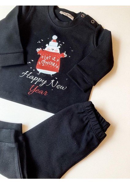 Yeni Yıl Let It Snow Siyah Pijama Takımı Noel Konseptli modelleri