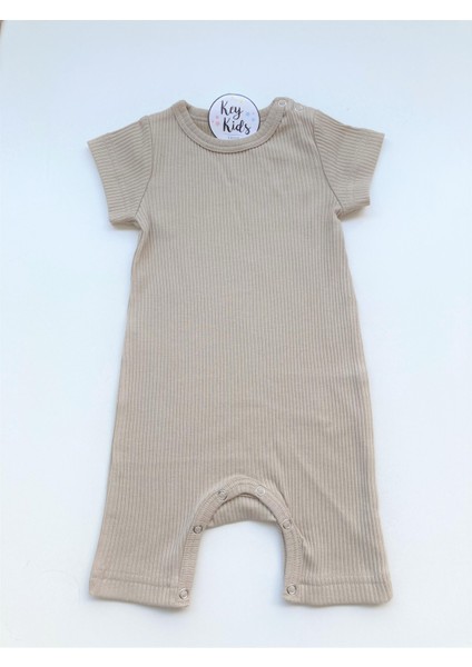 Bej Fitilli Modal Pamuk Romper Kısa Tulum Salopet