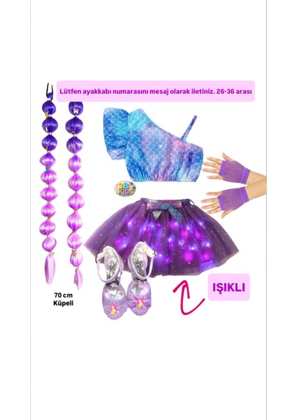 Deniz Kızı Işıklı Etek Büstiyer Deniz Kızı Topuklu Ayakkabı Mor Bubble Saç Mor Eldiven Seti Parti