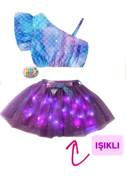Deniz Kızı Işıklı Etek Büstiyer Deniz Kızı Topuklu Ayakkabı Mor Bubble Saç Mor Eldiven Seti Parti fiyatları