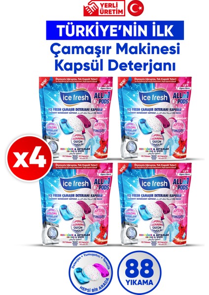 Ice Fresh 4'lü Çamaşır Makinesi Deterjanı Kapsül 3’ ü 1 Arada Jel Form 88 Yıkama Yerli Üretim Kalıntı Bırakmaz