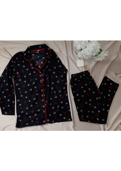 Good Night Pijama Homewear Süet-Siyah Kalpli -Biyeli -5 Düğmeli Pijama Takımı