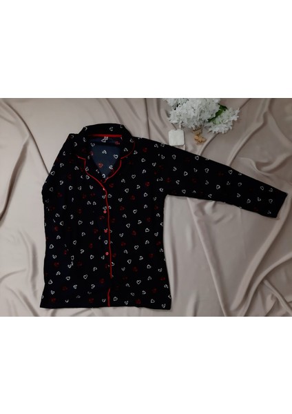 Good Night Pijama Homewear Süet-Siyah Kalpli -Biyeli -5 Düğmeli Pijama Takımı fiyatları