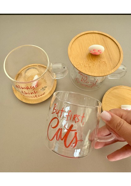 Yazı Baskılı Cam Bardak -Cat kedi figürlü patili kapak kupa-cat mug