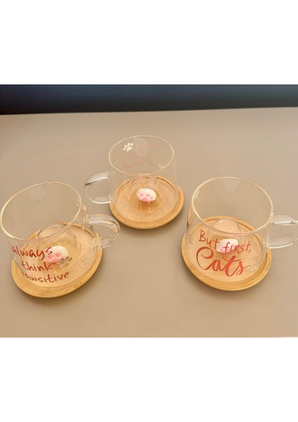 Yazı Baskılı Cam Bardak -Cat kedi figürlü patili kapak kupa-cat mug modelleri