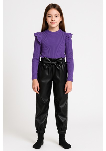kız Çocuk, 3 Lü Set Siyah Deri Fiyonk Detaylı Pantolon, Turuncu Omuzu Fırfırlı Badi ve Saç Bandı Takımı.