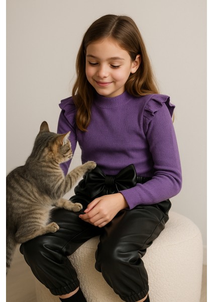 kız Çocuk, 3 Lü Set Siyah Deri Fiyonk Detaylı Pantolon, Turuncu Omuzu Fırfırlı Badi ve Saç Bandı Takımı. fiyatları