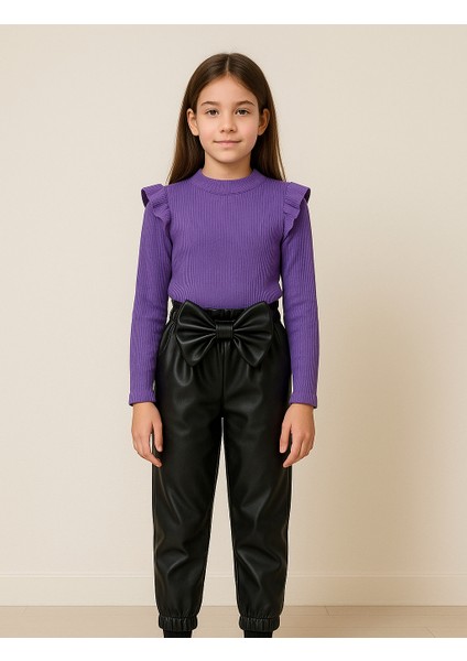 kız Çocuk, 3 Lü Set Siyah Deri Fiyonk Detaylı Pantolon, Turuncu Omuzu Fırfırlı Badi ve Saç Bandı Takımı. modelleri