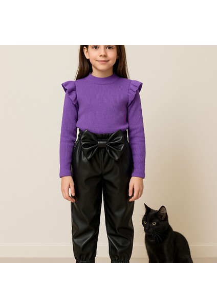 kız Çocuk, 3 Lü Set Siyah Deri Fiyonk Detaylı Pantolon, Turuncu Omuzu Fırfırlı Badi ve Saç Bandı Takımı. fırsatları