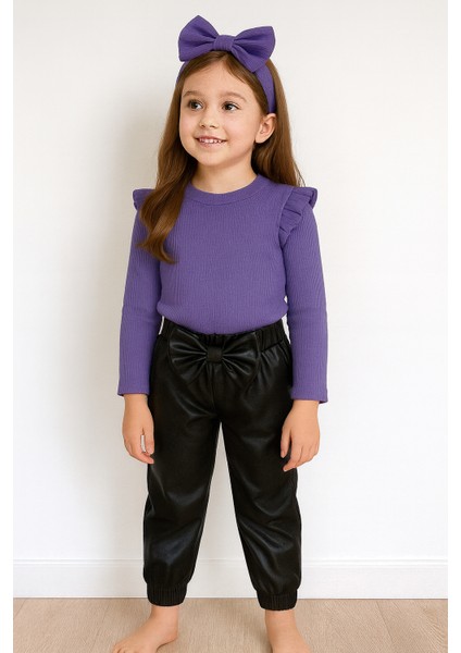 kız Çocuk, 3 Lü Set Siyah Deri Fiyonk Detaylı Pantolon, Turuncu Omuzu Fırfırlı Badi ve Saç Bandı Takımı.