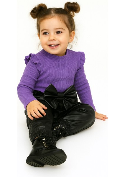 kız Çocuk, 3 Lü Set Siyah Deri Fiyonk Detaylı Pantolon, Turuncu Omuzu Fırfırlı Badi ve Saç Bandı Takımı.