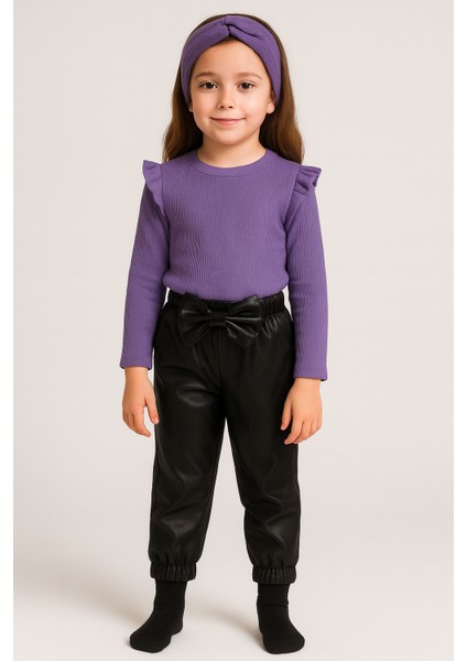 kız Çocuk, 3 Lü Set Siyah Deri Fiyonk Detaylı Pantolon, Turuncu Omuzu Fırfırlı Badi ve Saç Bandı Takımı.