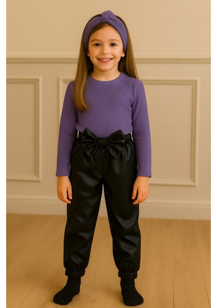 kız Çocuk, 3 Lü Set Siyah Deri Fiyonk Detaylı Pantolon, Turuncu Omuzu Fırfırlı Badi ve Saç Bandı Takımı.