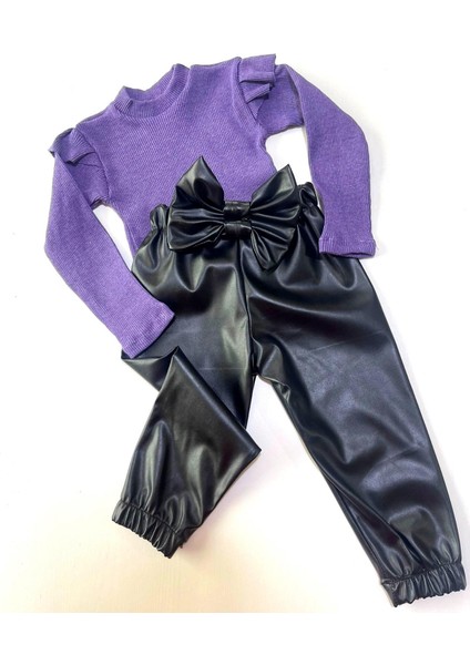 kız Çocuk, 3 Lü Set Siyah Deri Fiyonk Detaylı Pantolon, Turuncu Omuzu Fırfırlı Badi ve Saç Bandı Takımı.