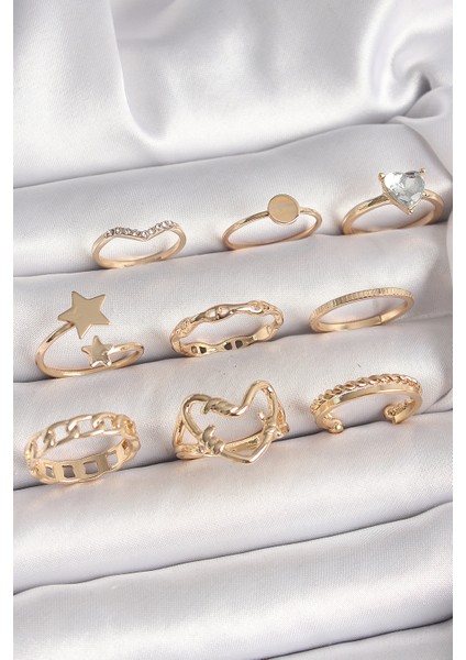 Pirinç Gold Renk Zirkon Taş Detaylı Kalp Yıldız Figür Kadın Yüzük Kombini - Lisinya