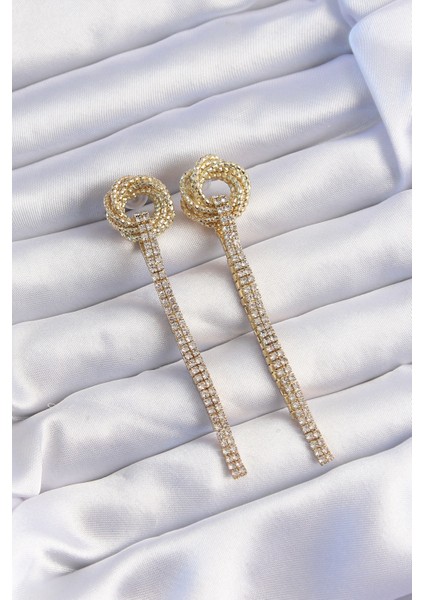 Pirinç Gold Renk Zirkon Taşlı Kıvrım Detay Sallantılı Küpe - Lisinya