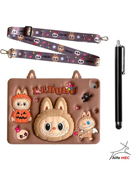 Ipad 11 (A16) 2025 Uyumlu Askılı Labubu Standlı Çocuklara Özel Sevimli Karakter Kılıf+Tablet Kalemi
