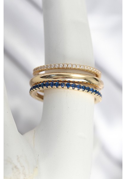 Pirinç Gold Renk Zirkon Taşlı 3'lü Kadın Yüzük - Lisinya