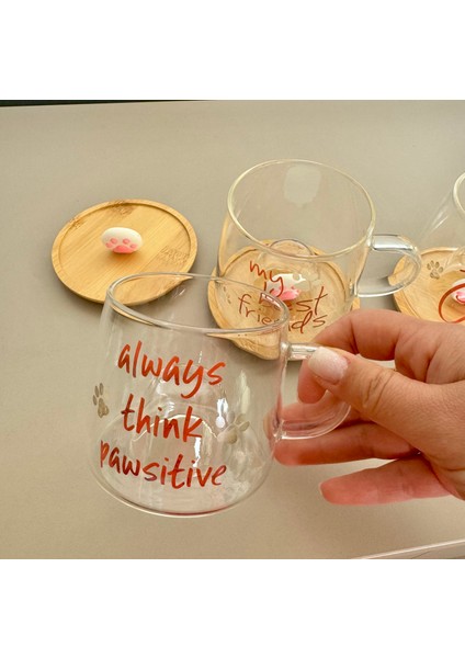 Yazı Baskılı Cam Bardak -always thinks -ahşap pati kapaklı-Kupa patili