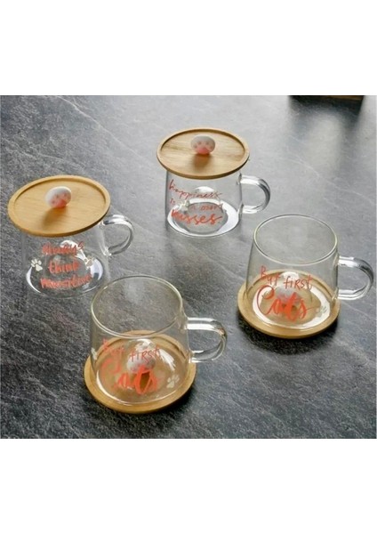 Yazı Baskılı Cam Bardak -always thinks -ahşap pati kapaklı-Kupa patili modelleri