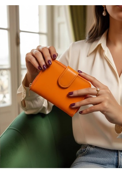 Gerçek Deri Turuncu Fermuarlı Küçük Kadın Cüzdanı fiyatları