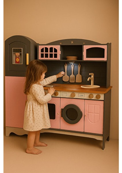 Dekoratif Ahşap Mutfak ve Buzdolabı Eğitici Oyuncak 3 Yaş ve Üzeri İçin