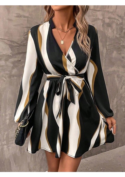 Kadın Uzun Kollu Kruvaze Yakalı Desenli Modal Mini Elbise