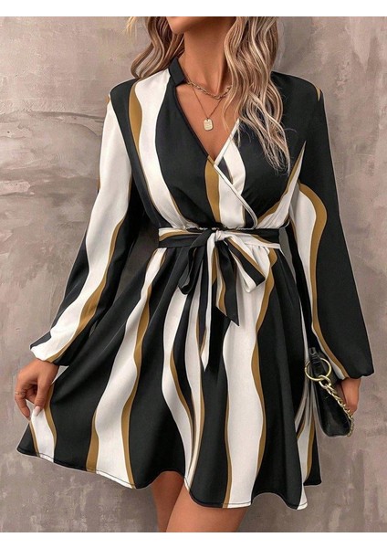 Kadın Uzun Kollu Kruvaze Yakalı Desenli Modal Mini Elbise modelleri