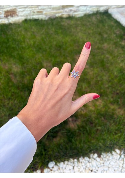 Mor Renkli Lotus Çiçeği Kristal Ayarlanabilir Gold Yüzük