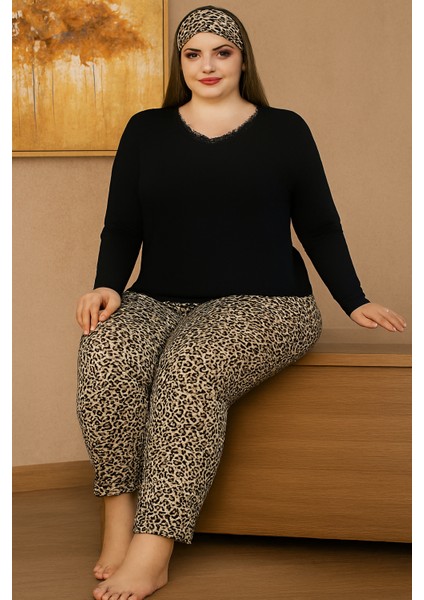 Kadın Büyük Beden Dantelli Uzun Kol Pijama Takımı (Göz Bandı Hediyeli)