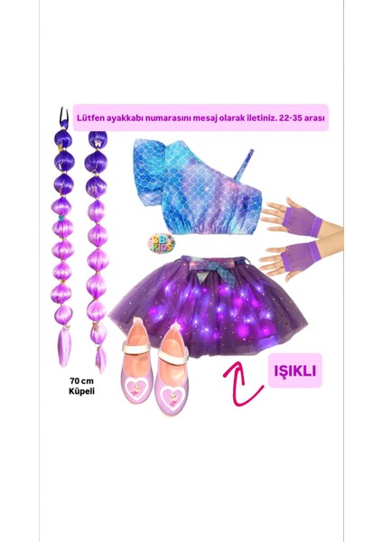Deniz Kızı Işıklı Etek Büstiyer Deniz Kızı Babet Ayakkabı Mor Bubble Saç Mor Eldiven Seti Parti