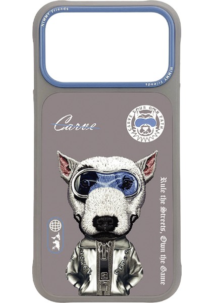 iPhone 17 Pro Max Uyumlu Gözlük Fermuar Border Köpek Detaylı Nakış Işlemeli Kabartma Cool Cute Kılıf