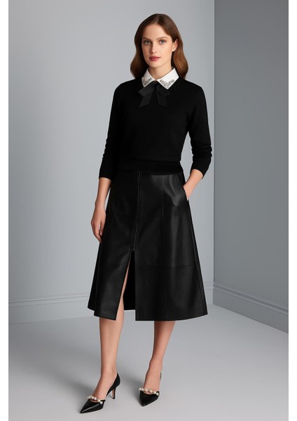 Gömlek Yaka Detaylı Kazak Siyah