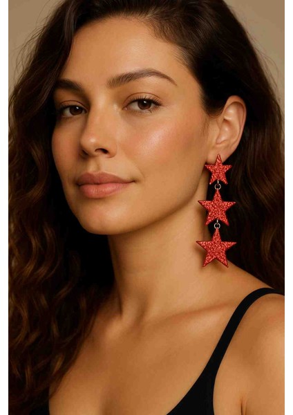 Dancing Stars Kırmızı Yıldız Sallantılı Tasarım Küpe