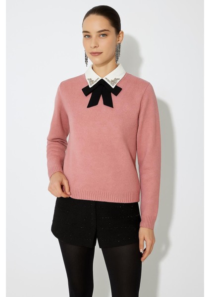 Gömlek Yaka Detaylı Kazak Pembe