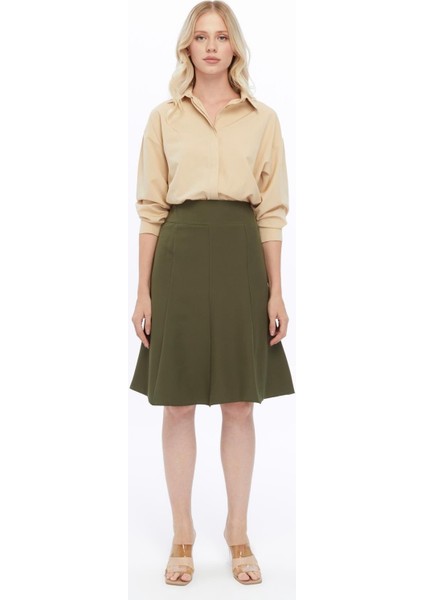Kadın Haki Mevsimlik Parçalı kloş Midi Etek 1896-63