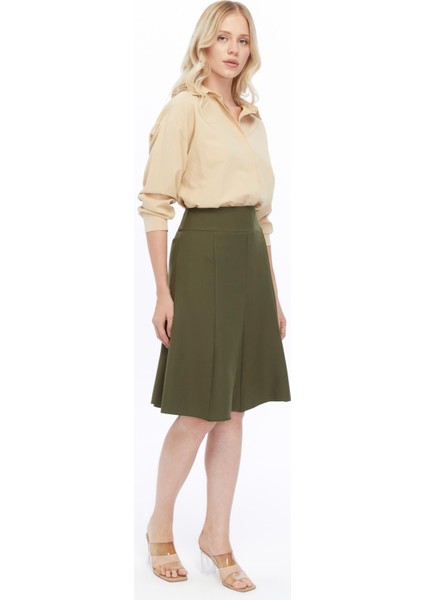 Kadın Haki Mevsimlik Parçalı kloş Midi Etek 1896-63