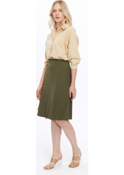 Kadın Haki Mevsimlik Parçalı kloş Midi Etek 1896-63